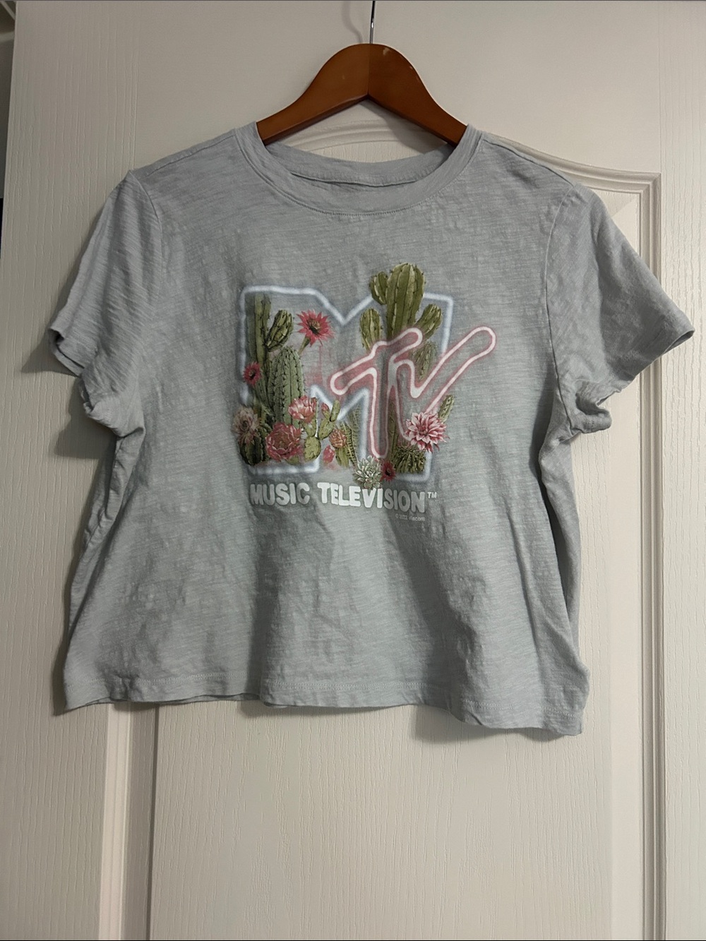 Gap MTV Cropped Light Gray Tee with Pink Logo and Green Cactus Graphic